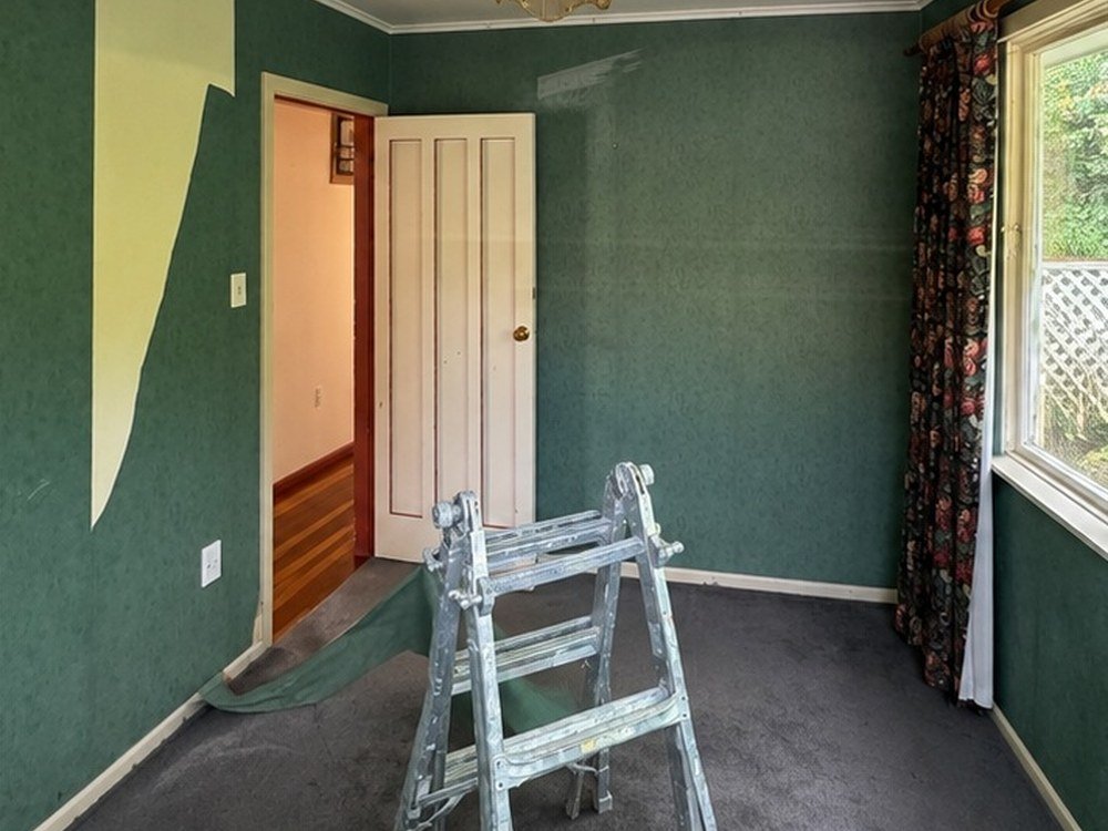 Bedroom with old wallpaper before removal and repaint, Wellington